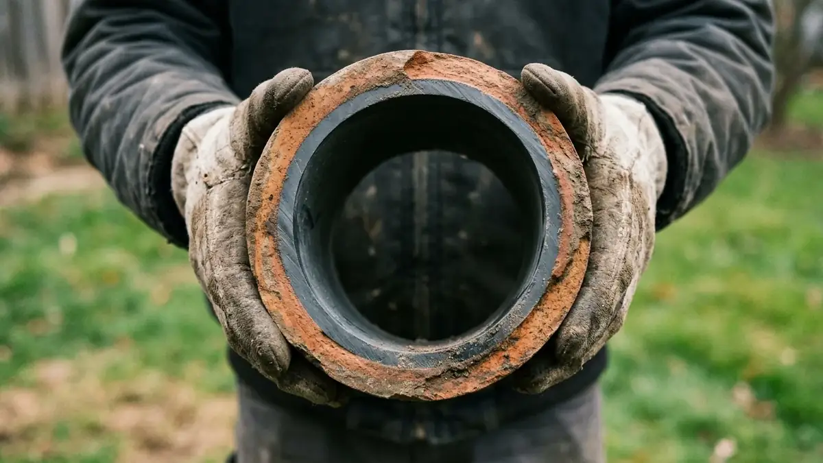 Cured liner inside a cut section of old pipe, the result of trenchless sewer line repair