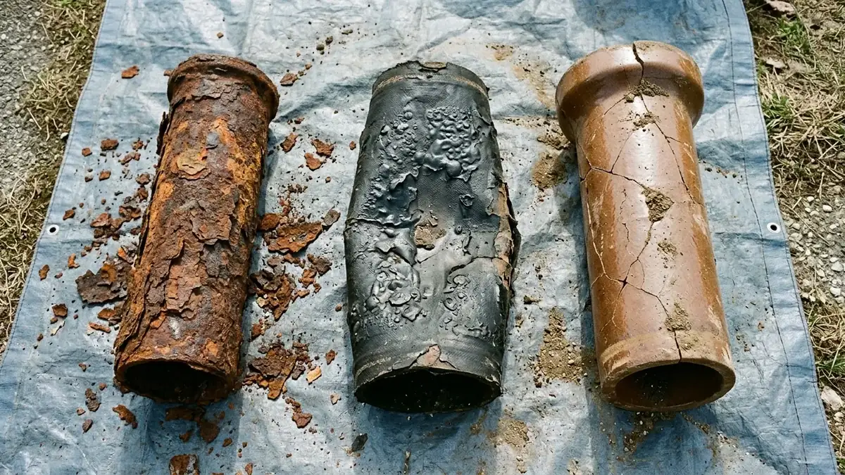 Corroded cast iron and flattened Orangeburg pipe, the kind replaced by trenchless sewer line repair
