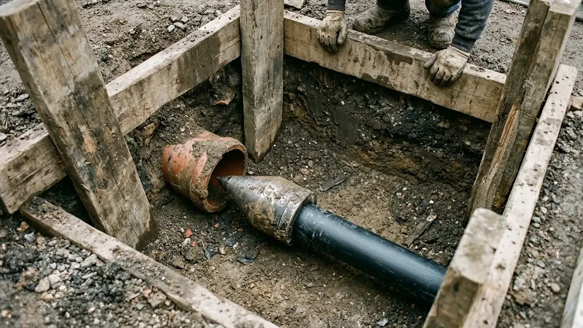 Bursting head and new HDPE pipe in the pit during trenchless sewer line repair