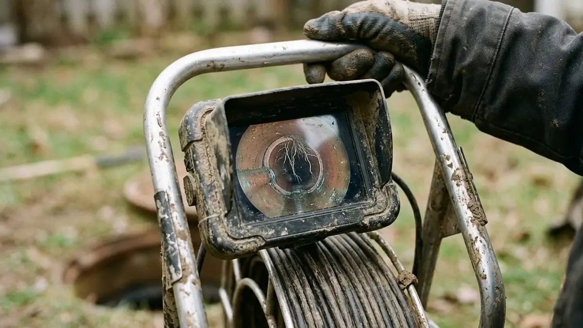 Camera footage of roots in a clay joint, the first step of trenchless sewer line repair