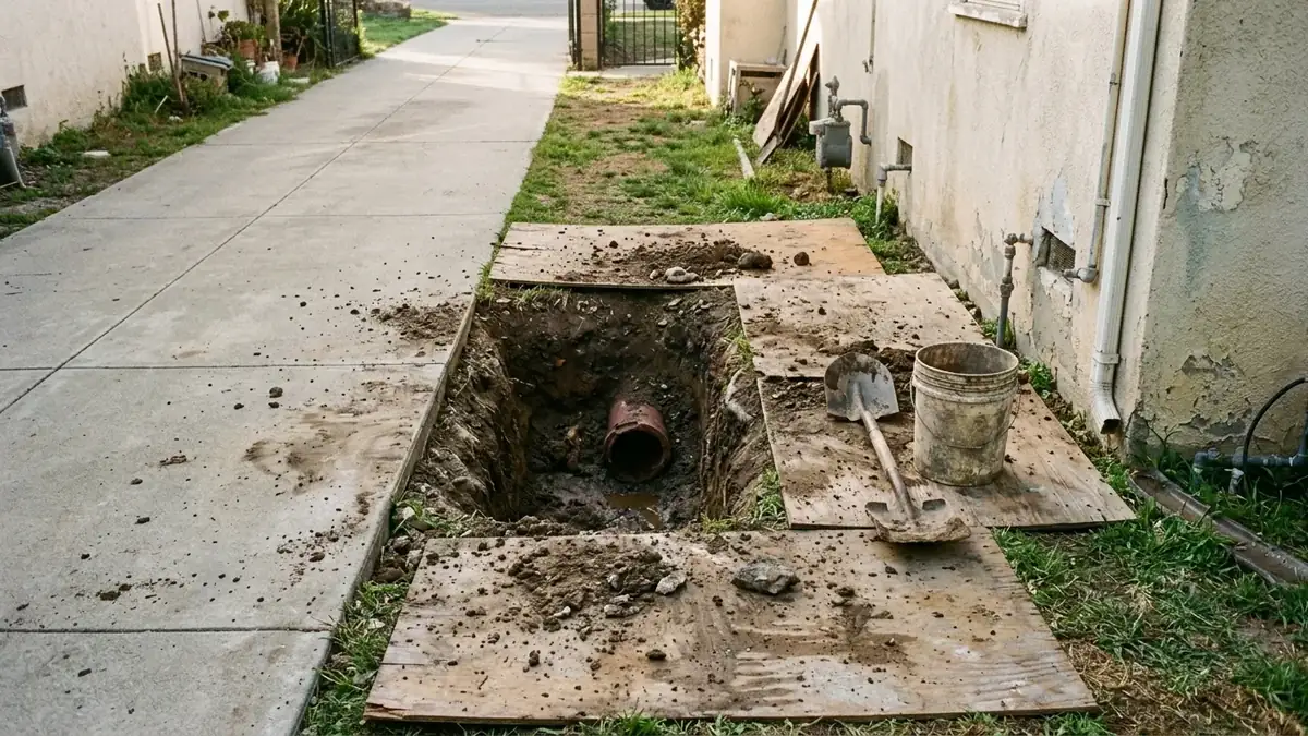 Small access pit beside an intact driveway, dug for trenchless sewer line repair