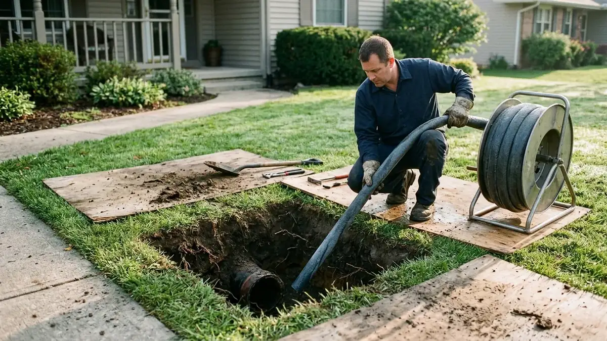 Liner fed into a small front-yard access pit during trenchless sewer line repair